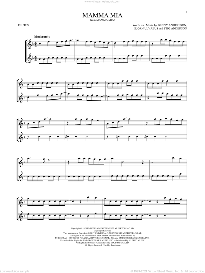 Mamma Mia sheet music for two flutes (duets) by ABBA, Benny Andersson, Bjorn Ulvaeus and Stig Anderson, intermediate skill level