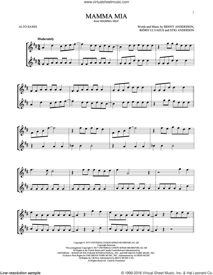 Mamma Mia sheet music for two alto saxophones (duets) by ABBA, Benny Andersson, Bjorn Ulvaeus and Stig Anderson, intermediate skill level
