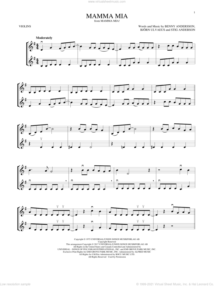 Mamma Mia sheet music for two violins (duets, violin duets) by ABBA, Benny Andersson, Bjorn Ulvaeus and Stig Anderson, intermediate skill level
