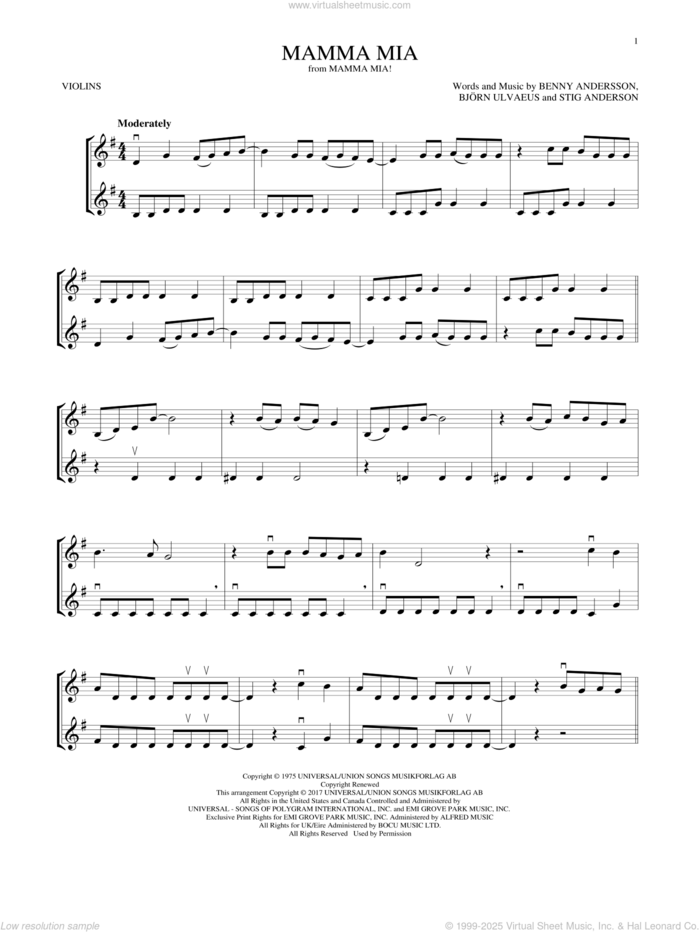 Mamma Mia sheet music for two violins (duets, violin duets) by ABBA, Benny Andersson, Bjorn Ulvaeus and Stig Anderson, intermediate skill level