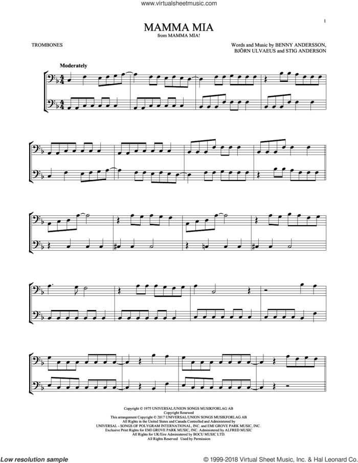 Mamma Mia sheet music for two trombones (duet, duets) by ABBA, Benny Andersson, Bjorn Ulvaeus and Stig Anderson, intermediate skill level