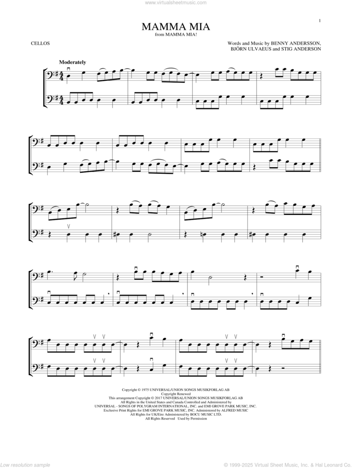 Mamma Mia sheet music for two cellos (duet, duets) by ABBA, Benny Andersson, Bjorn Ulvaeus and Stig Anderson, intermediate skill level