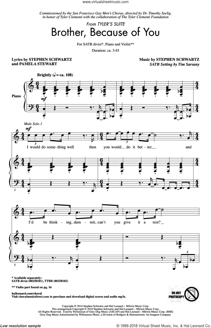 Brother, Because Of You (from Tyler's Suite) (arr. Tim Sarsony) sheet music for choir (SATB divisi) by Stephen Schwartz, Tim Sarsany and Pamela Stewart, intermediate skill level