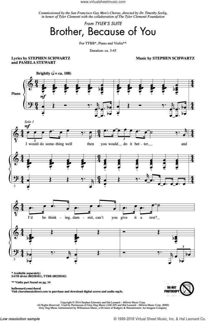 Brother, Because Of You (from Tyler's Suite) (Arr. Sarsony) sheet music for choir (TTBB: tenor, bass) by Stephen Schwartz, Tim Sarsany and Pamela Stewart, intermediate skill level