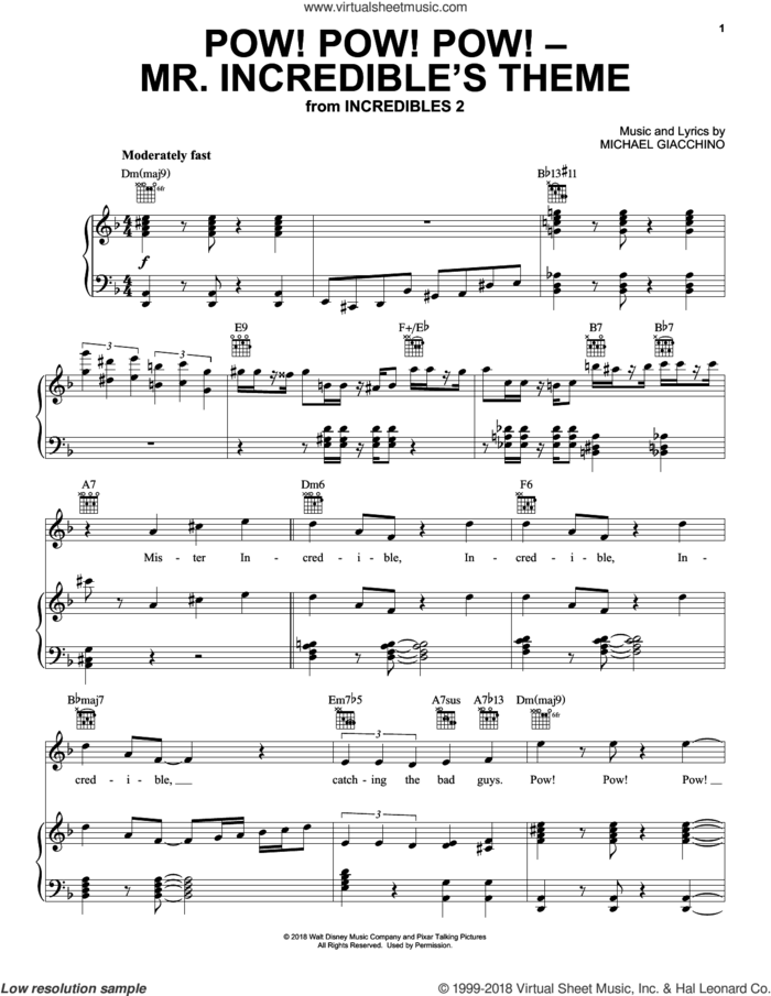 Pow! Pow! Pow! - Mr. Incredibles Theme (from Incredibles 2) sheet music for voice, piano or guitar by Michael Giacchino, intermediate skill level
