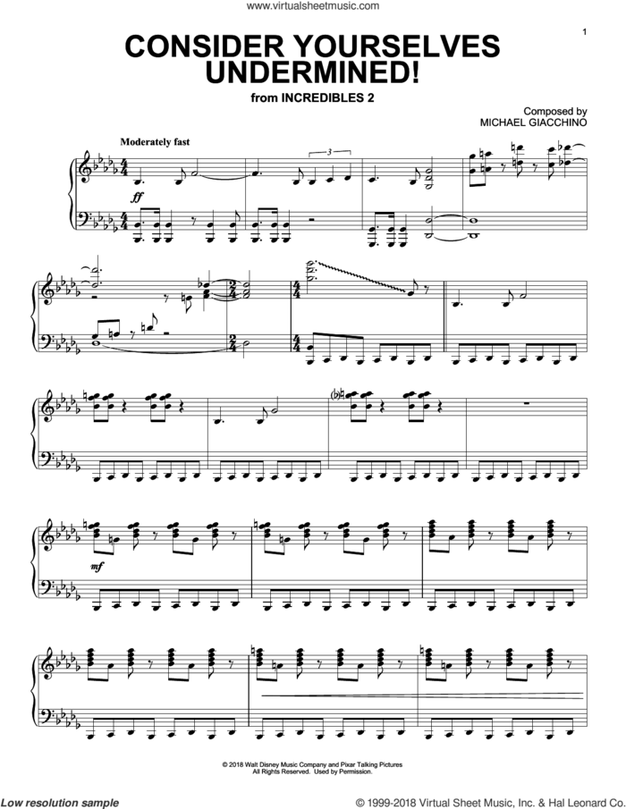 Consider Yourself Underminded! (from Incredibles 2) sheet music for piano solo by Michael Giacchino, intermediate skill level