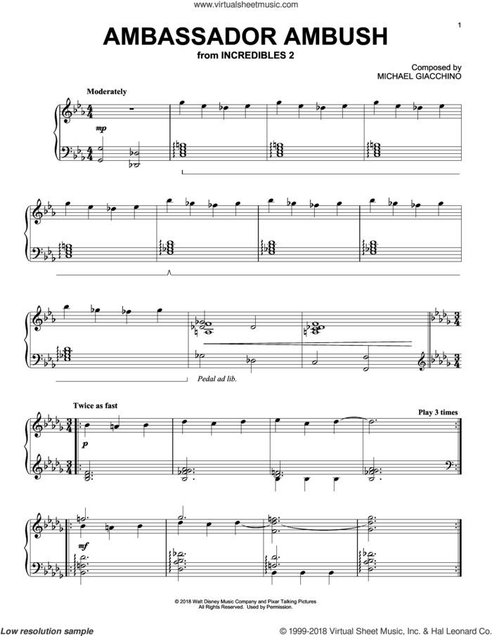 Ambassador Ambush (from Incredibles 2) sheet music for piano solo by Michael Giacchino, intermediate skill level