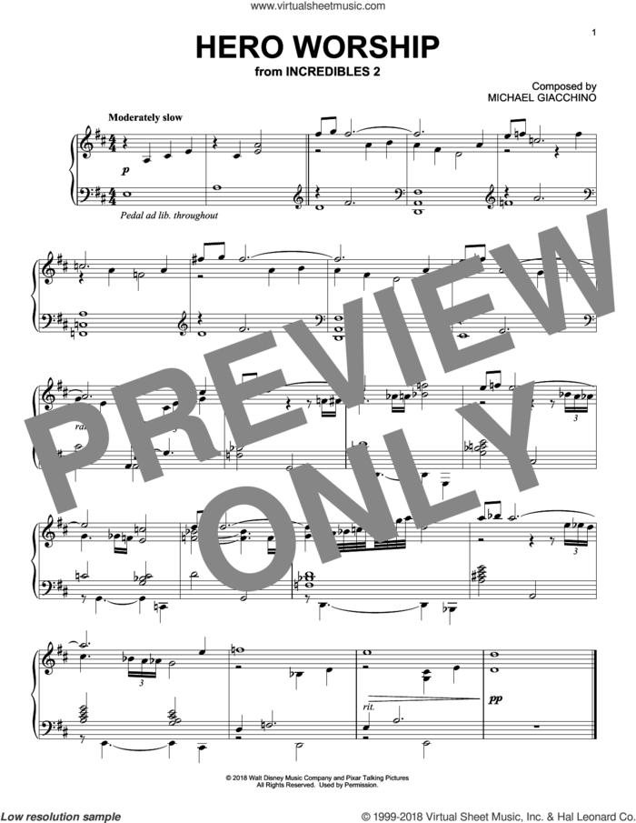 Hero Worship (from Incredibles 2) sheet music for piano solo by Michael Giacchino, intermediate skill level