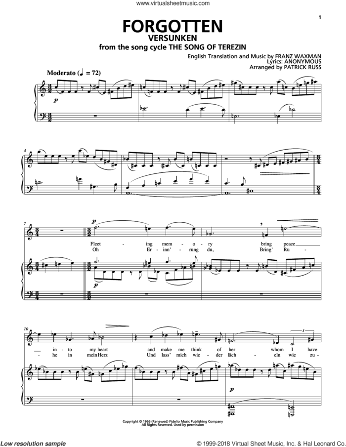 Forgotten (Versunken) sheet music for voice and piano by Franz Waxman, intermediate skill level