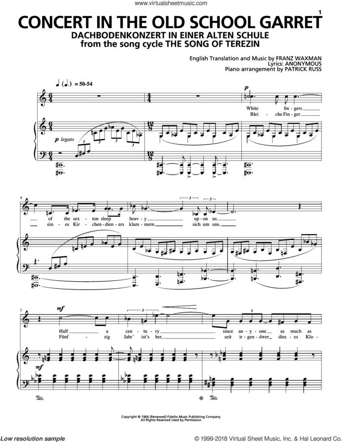 Concert In The Old School Garret (Dachbodenkonzert In Einer Alten Schule) sheet music for voice and piano by Franz Waxman, intermediate skill level