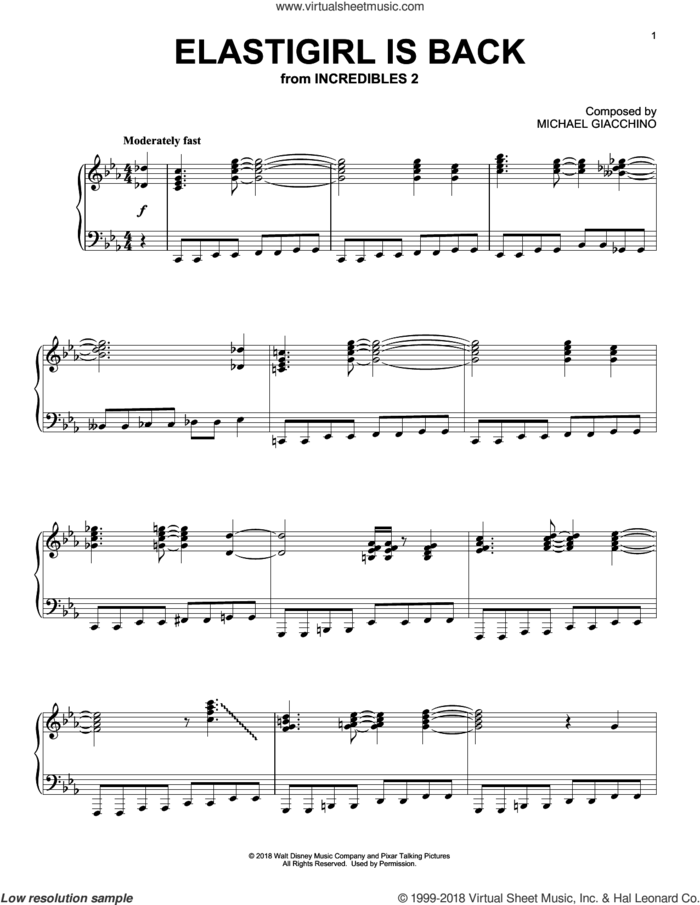 Elastigirl Is Back (from Incredibles 2) sheet music for piano solo by Michael Giacchino, intermediate skill level