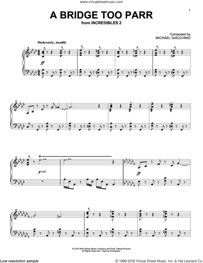 A Bridge Too Parr (from Incredibles 2) sheet music for piano solo by Michael Giacchino, intermediate skill level