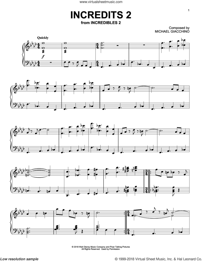 Incredits 2 (from Incredibles 2) sheet music for piano solo by Michael Giacchino, intermediate skill level