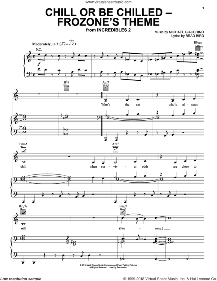 Chill Or Be Chilled - Frozone's Theme (from Incredibles 2) sheet music for voice, piano or guitar by Michael Giacchino and Brad Bird, intermediate skill level