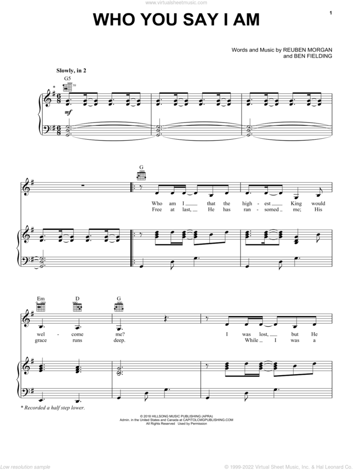 Who You Say I Am sheet music for voice, piano or guitar by Hillsong Worship, Ben Fielding and Reuben Morgan, intermediate skill level