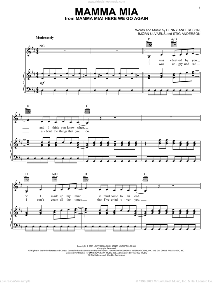 Mamma Mia (from Mamma Mia! Here We Go Again) sheet music for voice, piano or guitar by ABBA, Meryl Streep, Benny Andersson, Bjorn Ulvaeus and Stig Anderson, intermediate skill level
