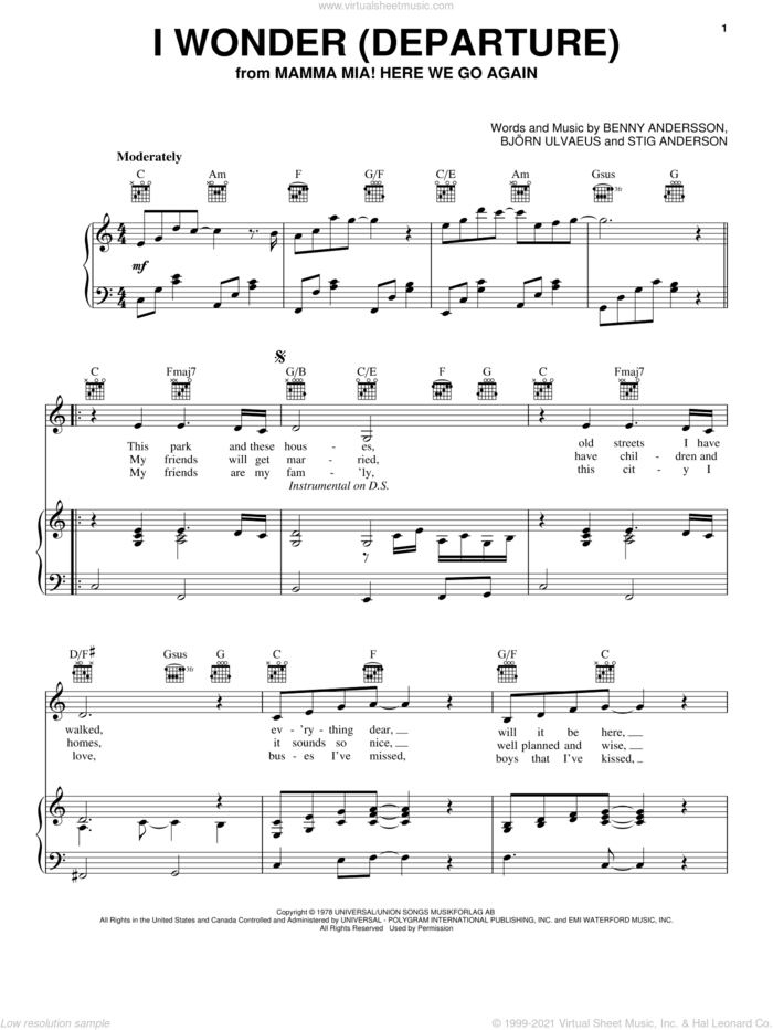 I Wonder (Departure) (from Mamma Mia! Here We Go Again) sheet music for voice, piano or guitar by ABBA, Benny Andersson, Bjoern Ulvaeus and Stig Anderson, intermediate skill level