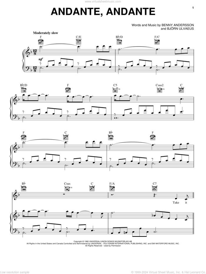 Andante, Andante (from Mamma Mia! Here We Go Again) sheet music for voice, piano or guitar by ABBA, Benny Andersson and Bjoern Ulvaeus, intermediate skill level