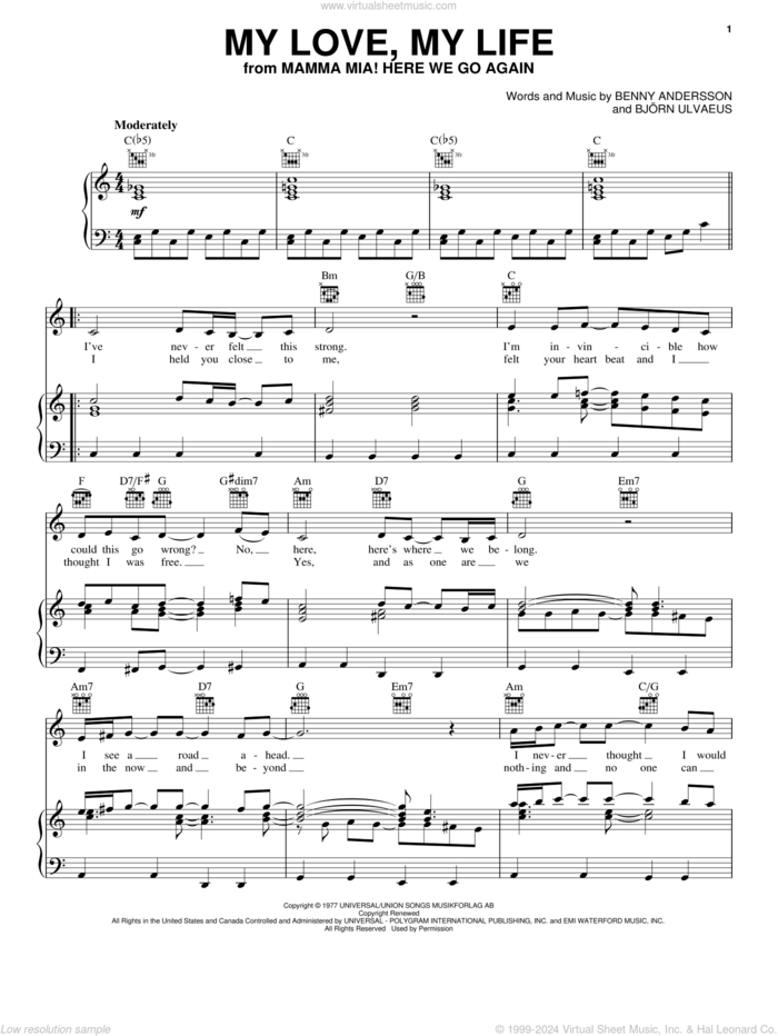 My Love, My Life (from Mamma Mia! Here We Go Again) sheet music for voice, piano or guitar by ABBA, Benny Andersson, Bjorn Ulvaeus and Stig Anderson, intermediate skill level
