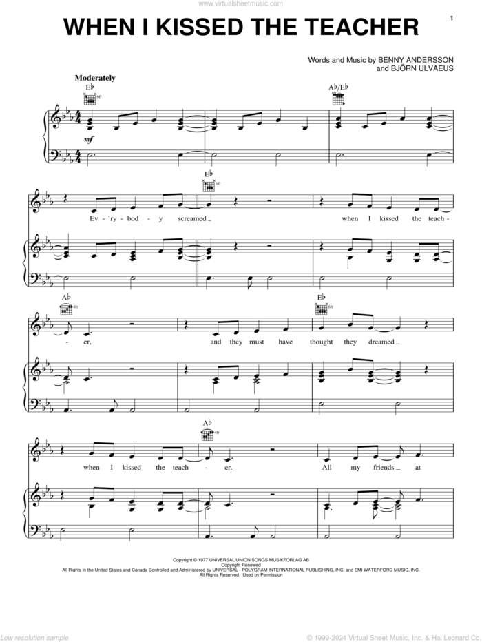When I Kissed The Teacher (from Mamma Mia! Here We Go Again) sheet music for voice, piano or guitar by ABBA, Benny Andersson and Bjorn Ulvaeus, intermediate skill level