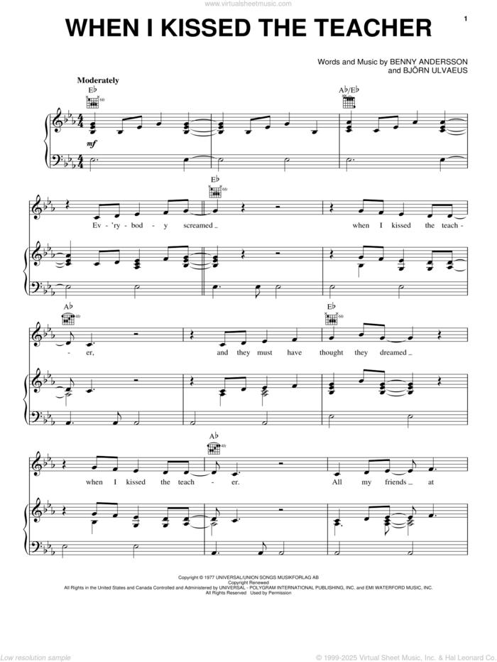 When I Kissed The Teacher (from Mamma Mia! Here We Go Again) sheet music for voice, piano or guitar by ABBA, Benny Andersson and Bjorn Ulvaeus, intermediate skill level