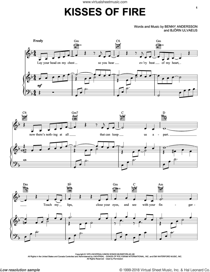Kisses Of Fire (from Mamma Mia! Here We Go Again) sheet music for voice, piano or guitar by ABBA, Benny Andersson and Bjorn Ulvaeus, intermediate skill level