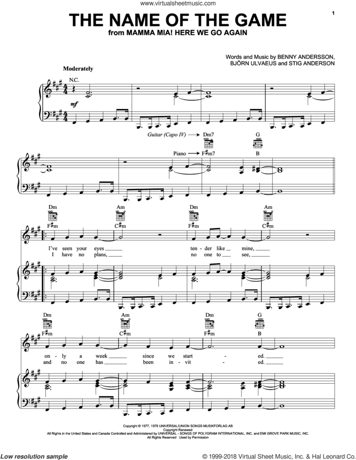 The Name Of The Game (from Mamma Mia! Here We Go Again) sheet music for voice, piano or guitar by ABBA, Benny Andersson, Bjorn Ulvaeus and Stig Anderson, intermediate skill level