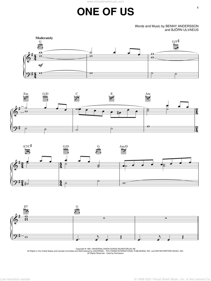 One Of Us (from Mamma Mia! Here We Go Again) sheet music for voice, piano or guitar by ABBA, Benny Andersson and Bjorn Ulvaeus, intermediate skill level