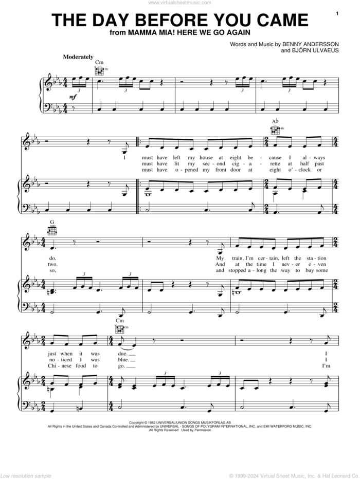 Day Before You Came (from Mamma Mia! Here We Go Again) sheet music for voice, piano or guitar by ABBA, Benny Andersson and Bjorn Ulvaeus, intermediate skill level