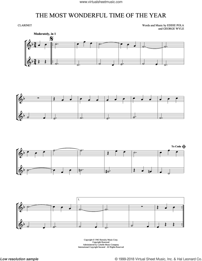 The Most Wonderful Time Of The Year sheet music for two clarinets (duets) by George Wyle and Eddie Pola, intermediate skill level