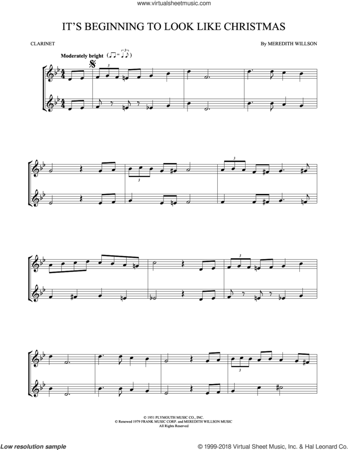 It's Beginning To Look Like Christmas sheet music for two clarinets (duets) by Meredith Willson, intermediate skill level