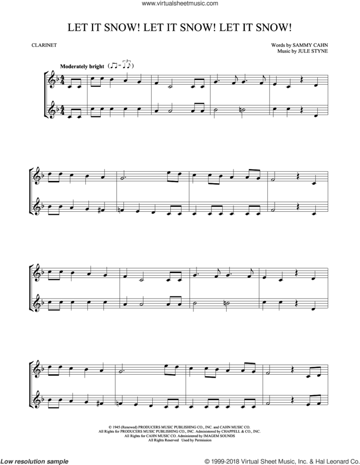 Let It Snow! Let It Snow! Let It Snow! sheet music for two clarinets (duets) by Sammy Cahn and Jule Styne, intermediate skill level