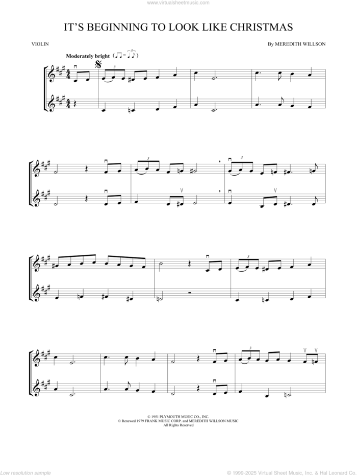 It's Beginning To Look Like Christmas sheet music for two violins (duets, violin duets) by Meredith Willson, intermediate skill level