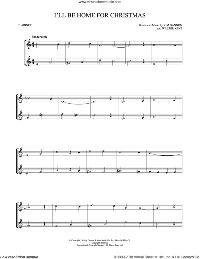 I'll Be Home For Christmas sheet music for two clarinets (duets) by Kim Gannon and Walter Kent, intermediate skill level
