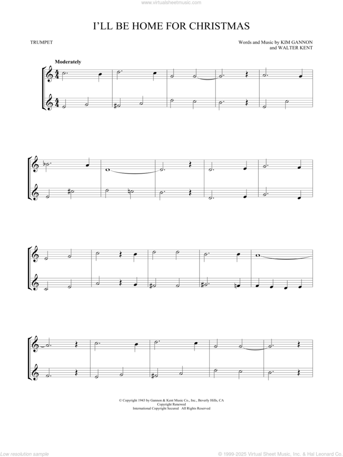 I'll Be Home For Christmas sheet music for two trumpets (duet, duets) by Kim Gannon and Walter Kent, intermediate skill level