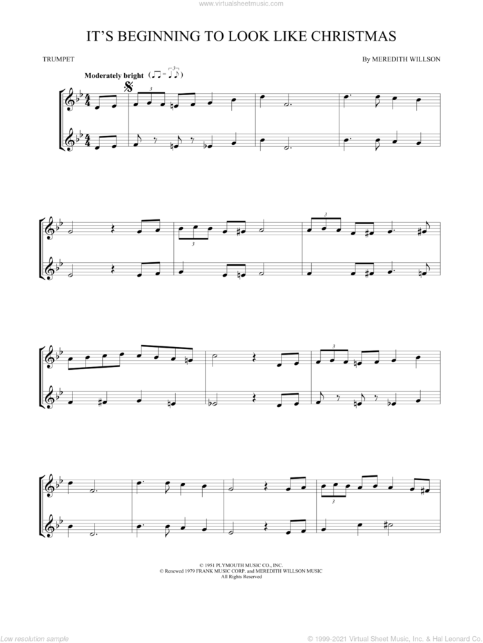 It's Beginning To Look Like Christmas sheet music for two trumpets (duet, duets) by Meredith Willson, intermediate skill level