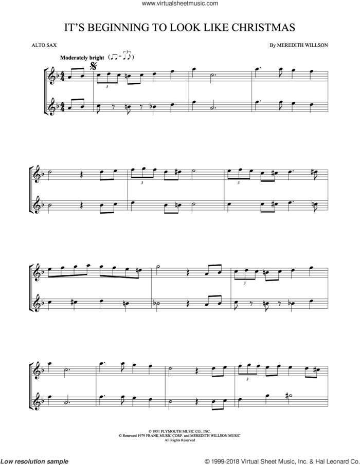 It's Beginning To Look Like Christmas sheet music for two alto saxophones (duets) by Meredith Willson, intermediate skill level