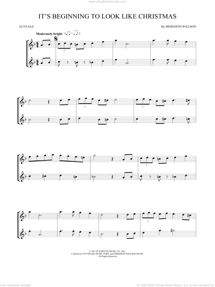 It's Beginning To Look Like Christmas sheet music for two alto saxophones (duets) by Meredith Willson, intermediate skill level