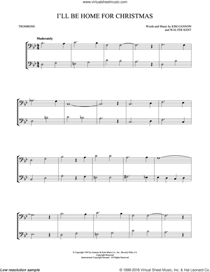 I'll Be Home For Christmas sheet music for two trombones (duet, duets) by Kim Gannon and Walter Kent, intermediate skill level