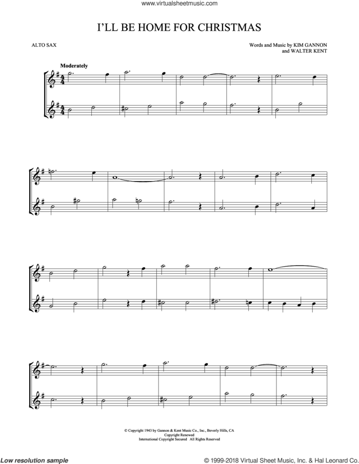 I'll Be Home For Christmas sheet music for two alto saxophones (duets) by Kim Gannon and Walter Kent, intermediate skill level