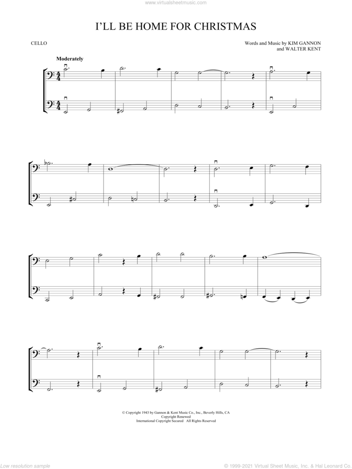 I'll Be Home For Christmas sheet music for two cellos (duet, duets) by Kim Gannon and Walter Kent, intermediate skill level