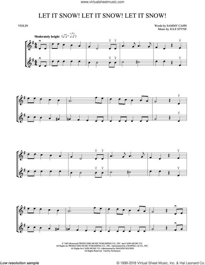 Let It Snow! Let It Snow! Let It Snow! sheet music for two violins (duets, violin duets) by Sammy Cahn and Jule Styne, intermediate skill level