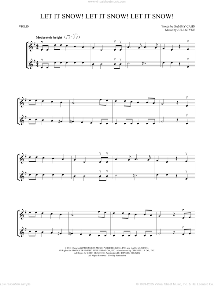 Let It Snow! Let It Snow! Let It Snow! sheet music for two violins (duets, violin duets) by Sammy Cahn and Jule Styne, intermediate skill level