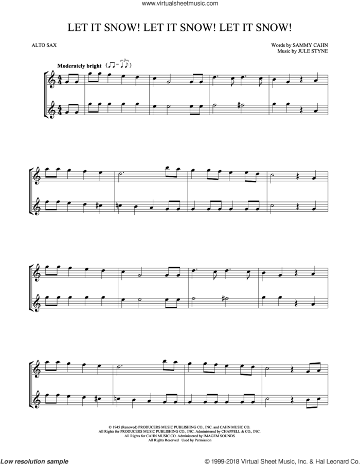 Let It Snow! Let It Snow! Let It Snow! sheet music for two alto saxophones (duets) by Sammy Cahn and Jule Styne, intermediate skill level