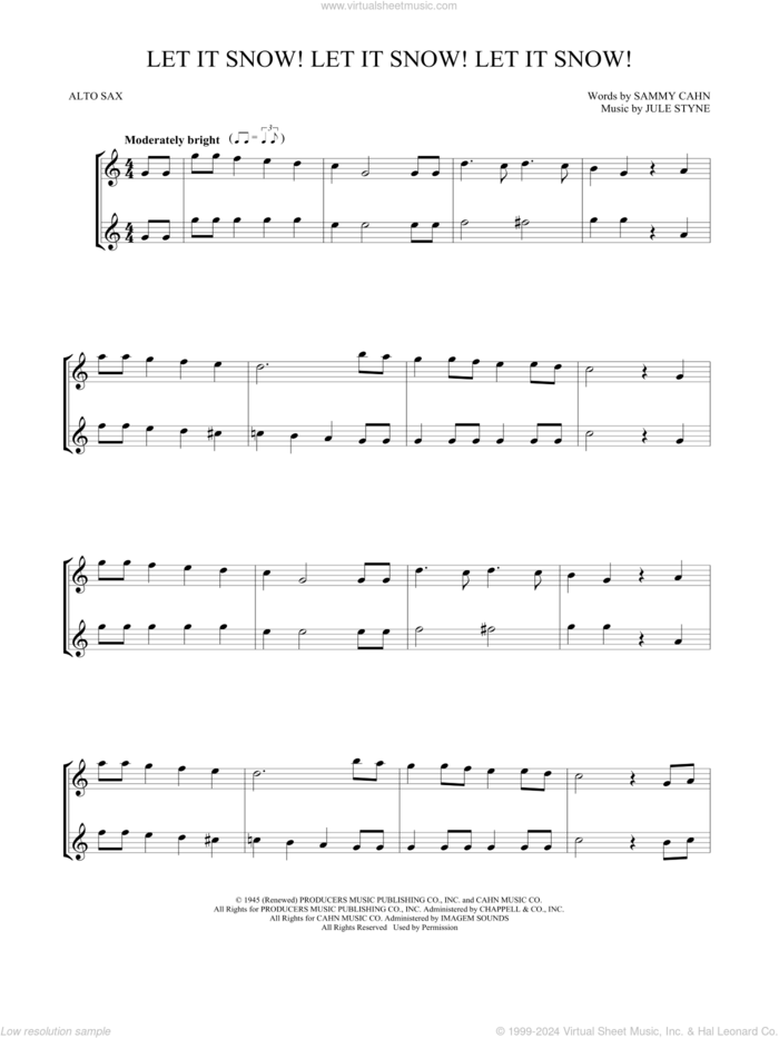 Let It Snow! Let It Snow! Let It Snow! sheet music for two alto saxophones (duets) by Sammy Cahn and Jule Styne, intermediate skill level