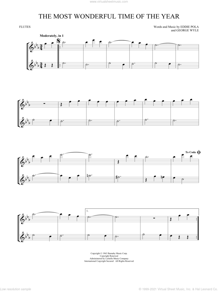 The Most Wonderful Time Of The Year sheet music for two flutes (duets) by George Wyle and Eddie Pola, intermediate skill level