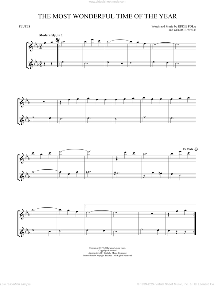 The Most Wonderful Time Of The Year sheet music for two flutes (duets) by George Wyle and Eddie Pola, intermediate skill level