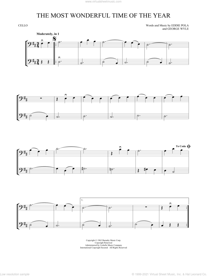 The Most Wonderful Time Of The Year sheet music for two cellos (duet, duets) by George Wyle and Eddie Pola, intermediate skill level