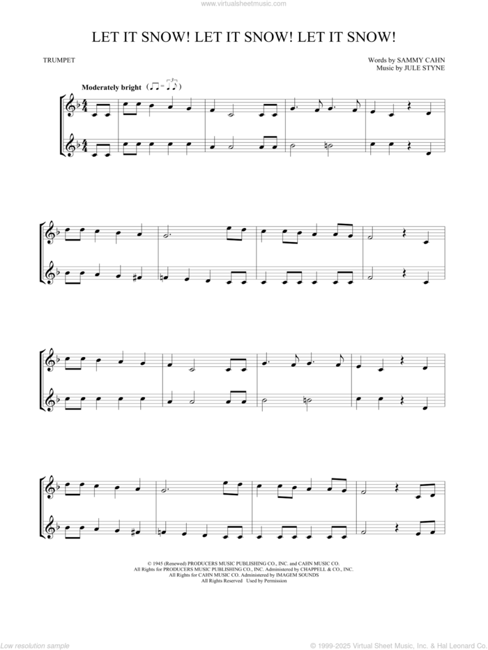 Let It Snow! Let It Snow! Let It Snow! sheet music for two trumpets (duet, duets) by Sammy Cahn and Jule Styne, intermediate skill level