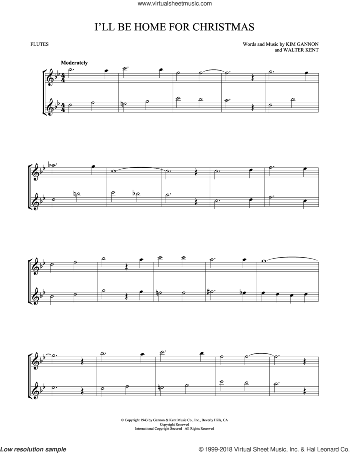 I'll Be Home For Christmas sheet music for two flutes (duets) by Kim Gannon and Walter Kent, intermediate skill level